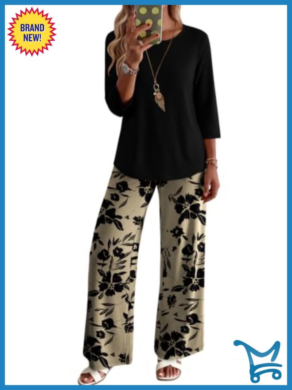 Womens 2 Piece Lounge Set 3/4 Sleeve Top Printed Pants Pockets